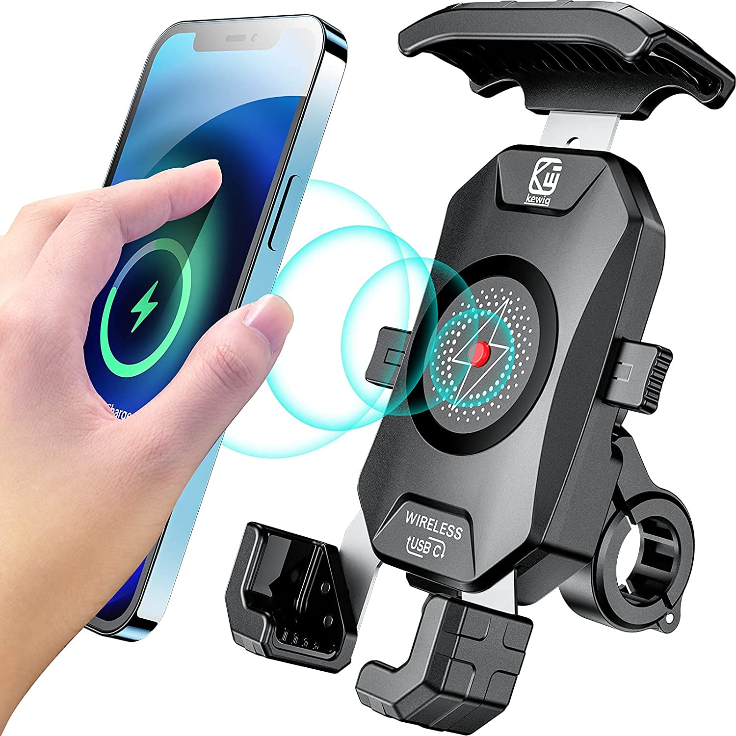 KEWIG Motorcycle Phone Holder - Wireless 15W & USB C 20W Fast Charger, Waterproof Motorbike Phone Mount with Aluminum Alloy Base, Fits 4'' - 7'' Cellphones