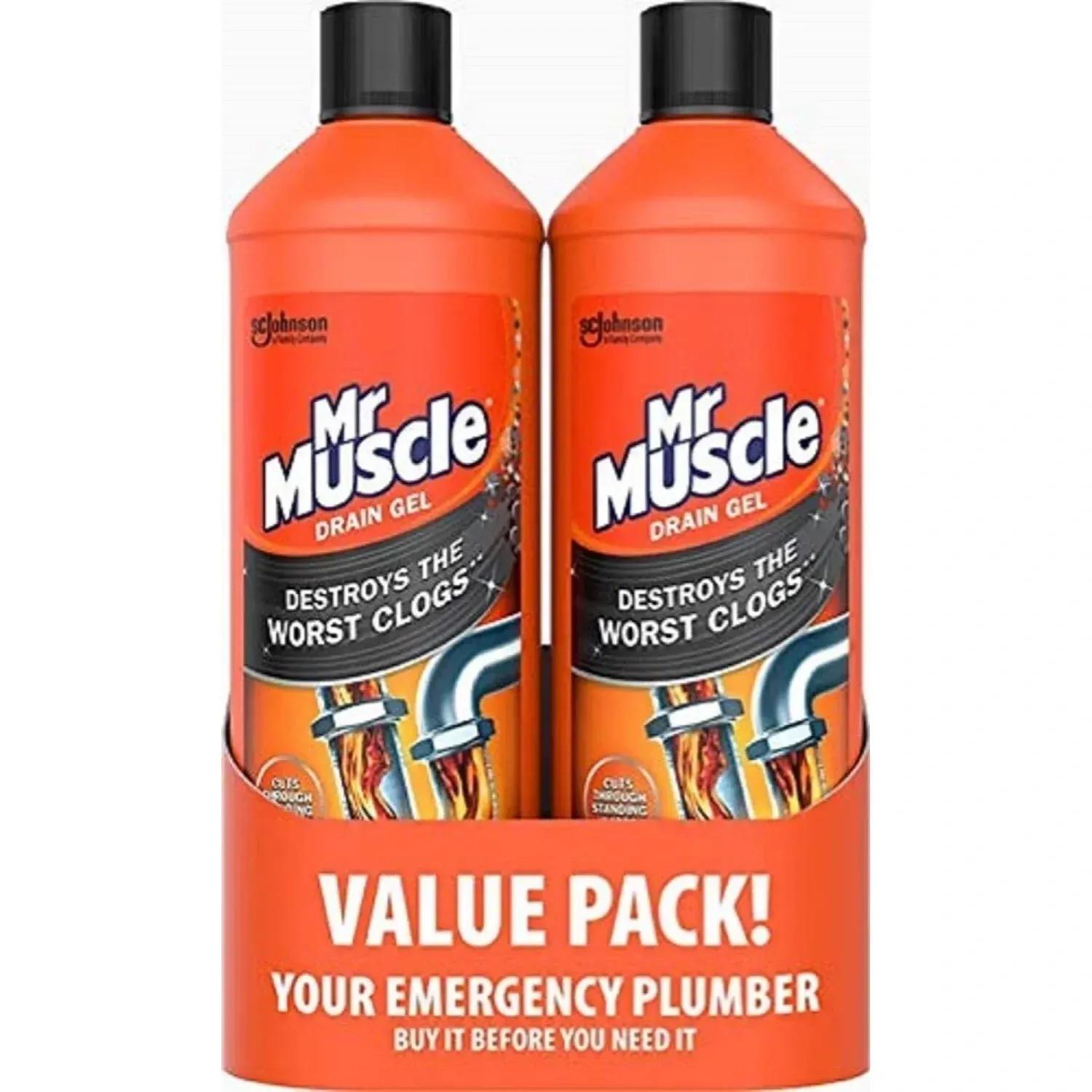 Mr Muscle Drain Unblocker, Sink & Drain Cleaner, Fast Acting Heavy Duty Drain Gel, Dissolves Clogs, Works 3x Better Than Bleach, Safe for All Pipes, Duo Pack, (2 x 1L)
