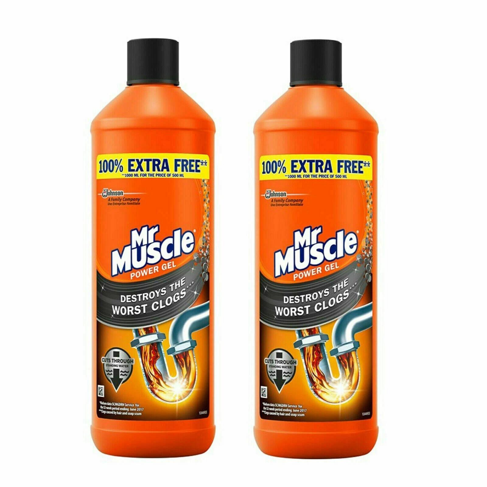 Mr Muscle Drain Unblocker, Sink & Drain Cleaner, Fast Acting Heavy Duty Drain Gel, Dissolves Clogs, Works 3x Better Than Bleach, Safe for All Pipes, Duo Pack, (2 x 1L)