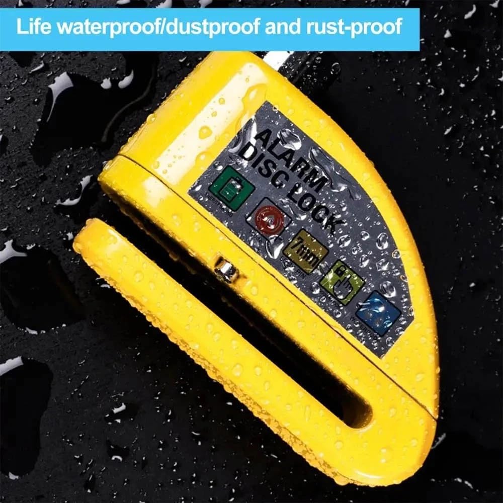Alarm Disc Lock with 110dB Siren, Waterproof Dustproof Rustproof Motorcycle Security Lock, Yellow 7mm Pin, Keyless Press Lock