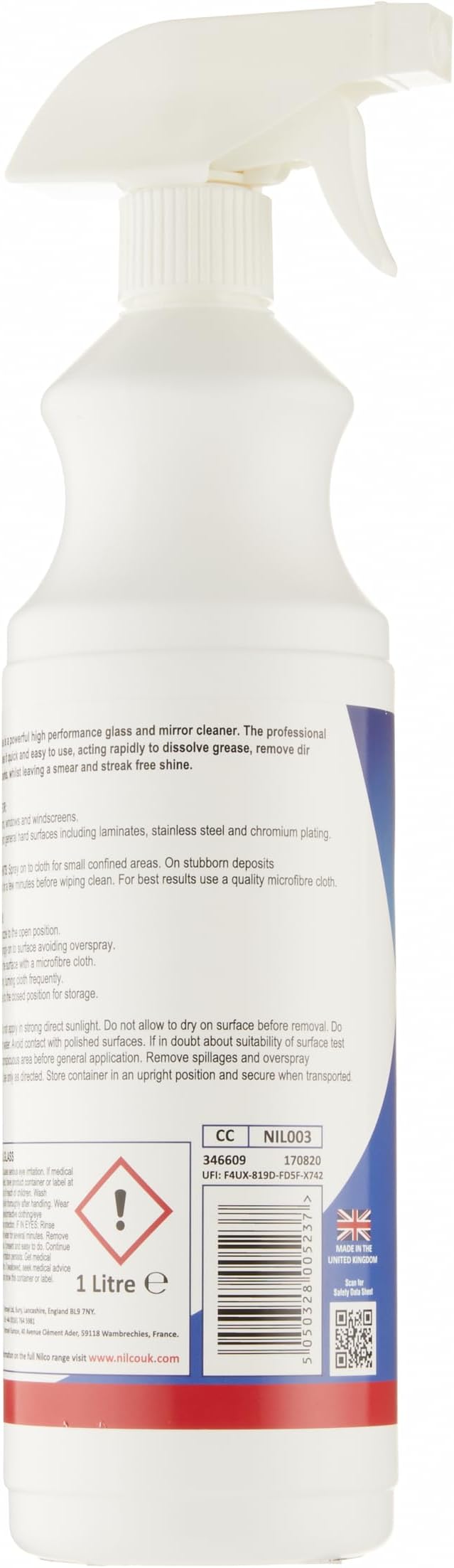 Nilco Nilglass H3 Smear-Free Glass & Mirror Cleaner 1 Litre Trigger Spray Bottle