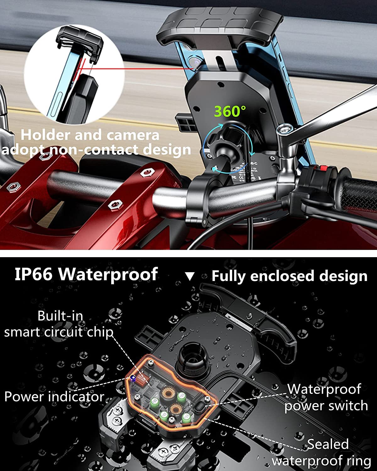 KEWIG Motorcycle Phone Holder - Wireless 15W & USB C 20W Fast Charger, Waterproof Motorbike Phone Mount with Aluminum Alloy Base, Fits 4'' - 7'' Cellphones