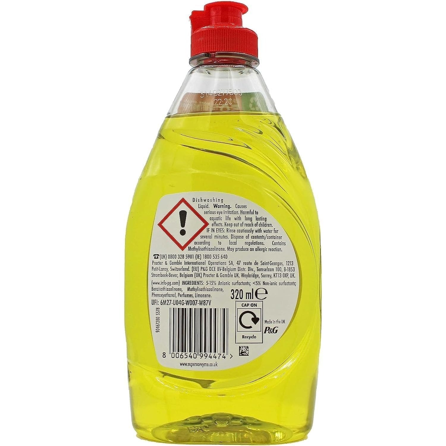 Fairy Lemon Washing Up Liquid 320ml Dish Cleaning Detergent For Sparkling Dishes
