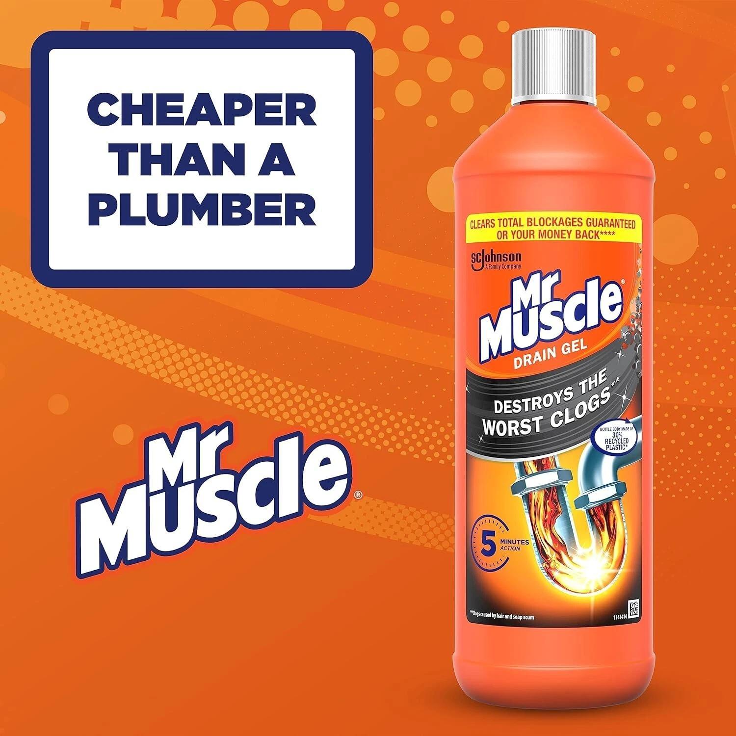 Mr Muscle Drain Unblocker, Sink & Drain Cleaner, Fast Acting Heavy Duty Drain Gel, Dissolves Clogs, Works 3x Better Than Bleach, Safe for All Pipes, Duo Pack, (2 x 1L)