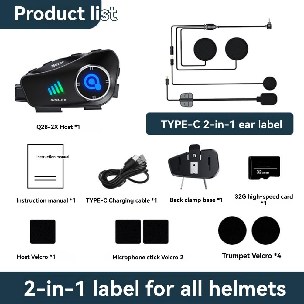 GNURBDILFO Q28-2X Wireless Motorcycle Helmet Headset with Bluetooth, 1080P HD Video Recording & Driving Camera