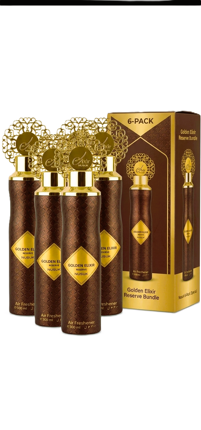 Nusuk Golden Elixir Reserve Air Freshener 6-Pack Set, 300ml Luxury Oud Room & Fabric Spray, Long Lasting Arabian Fragrance Deodorizer Multipack