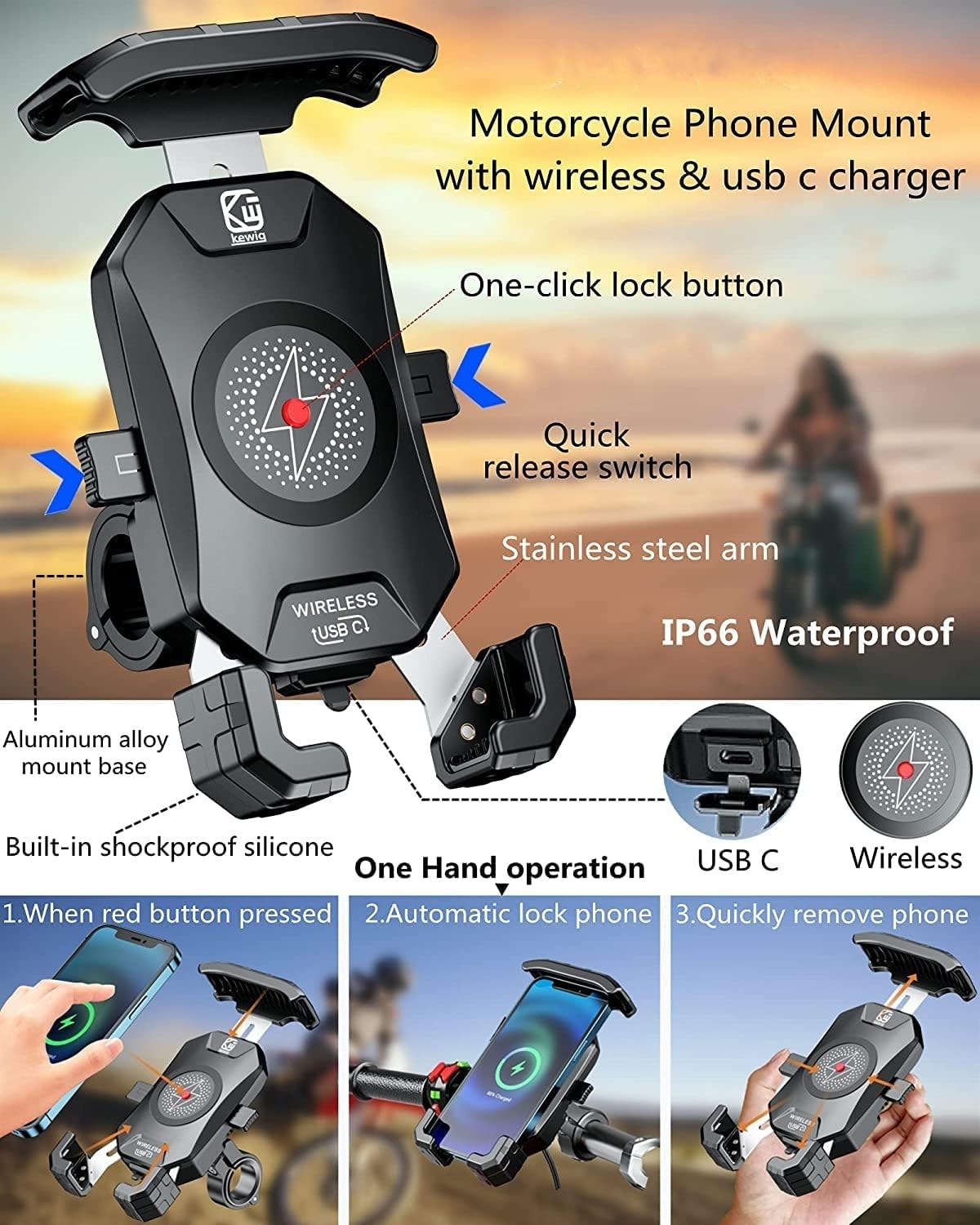 KEWIG Motorcycle Phone Holder - Wireless 15W & USB C 20W Fast Charger, Waterproof Motorbike Phone Mount with Aluminum Alloy Base, Fits 4'' - 7'' Cellphones