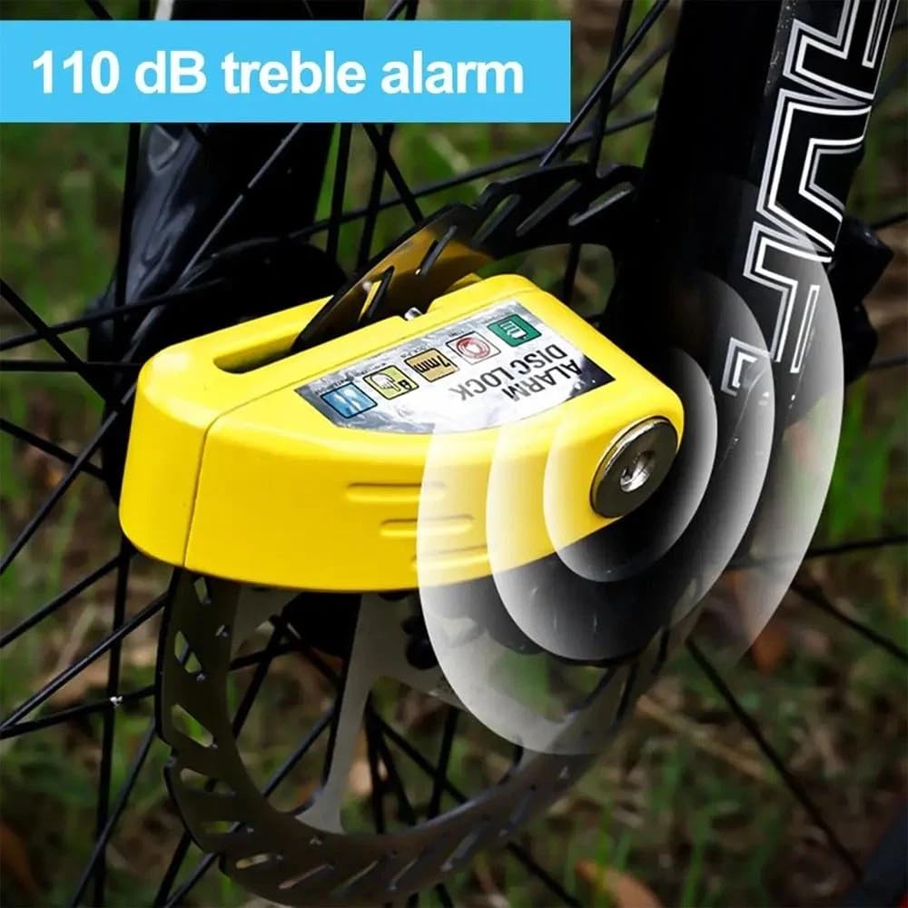 Alarm Disc Lock with 110dB Siren, Waterproof Dustproof Rustproof Motorcycle Security Lock, Yellow 7mm Pin, Keyless Press Lock
