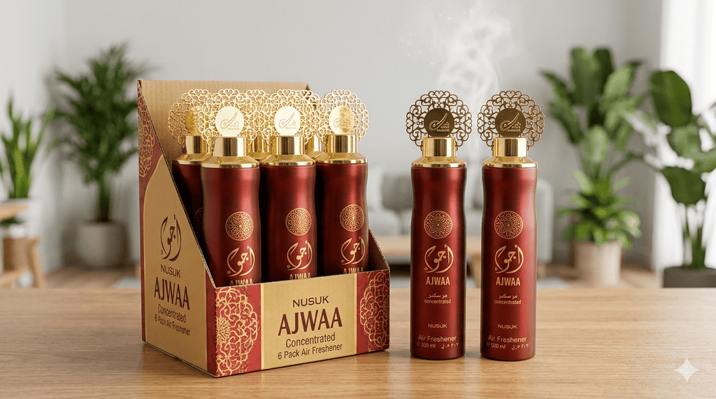 6 x Dubai Air Freshener Spray - Nusuk Ajwa Oud Red 300ml Air Freshener Bulk, Room Spray Set, Home Fragrance, Long Lasting Air Freshener, Deodorizer Spray, Concentrated Air Freshener, Odor Eliminator, Luxury Home Scent.