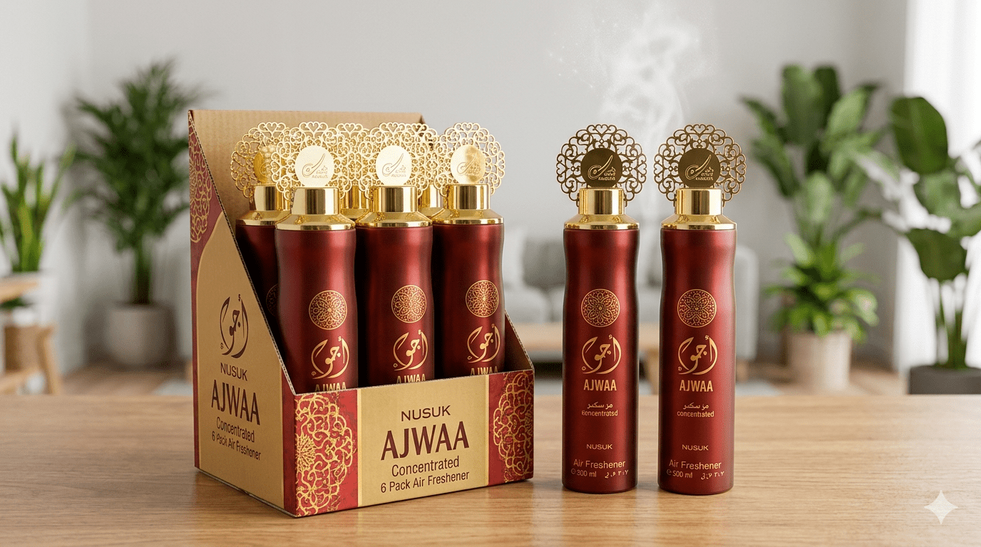 6 x Dubai Air Freshener Spray - Nusuk Ajwa Oud Red 300ml Air Freshener Bulk, Room Spray Set, Home Fragrance, Long Lasting Air Freshener, Deodorizer Spray, Concentrated Air Freshener, Odor Eliminator, Luxury Home Scent.