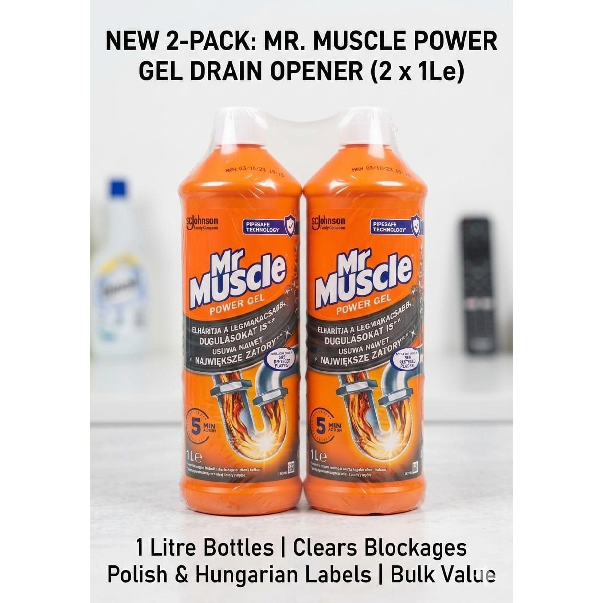 Mr Muscle Drain Unblocker, Sink & Drain Cleaner, Fast Acting Heavy Duty Drain Gel, Dissolves Clogs, Works 3x Better Than Bleach, Safe for All Pipes, Duo Pack, (2 x 1L)