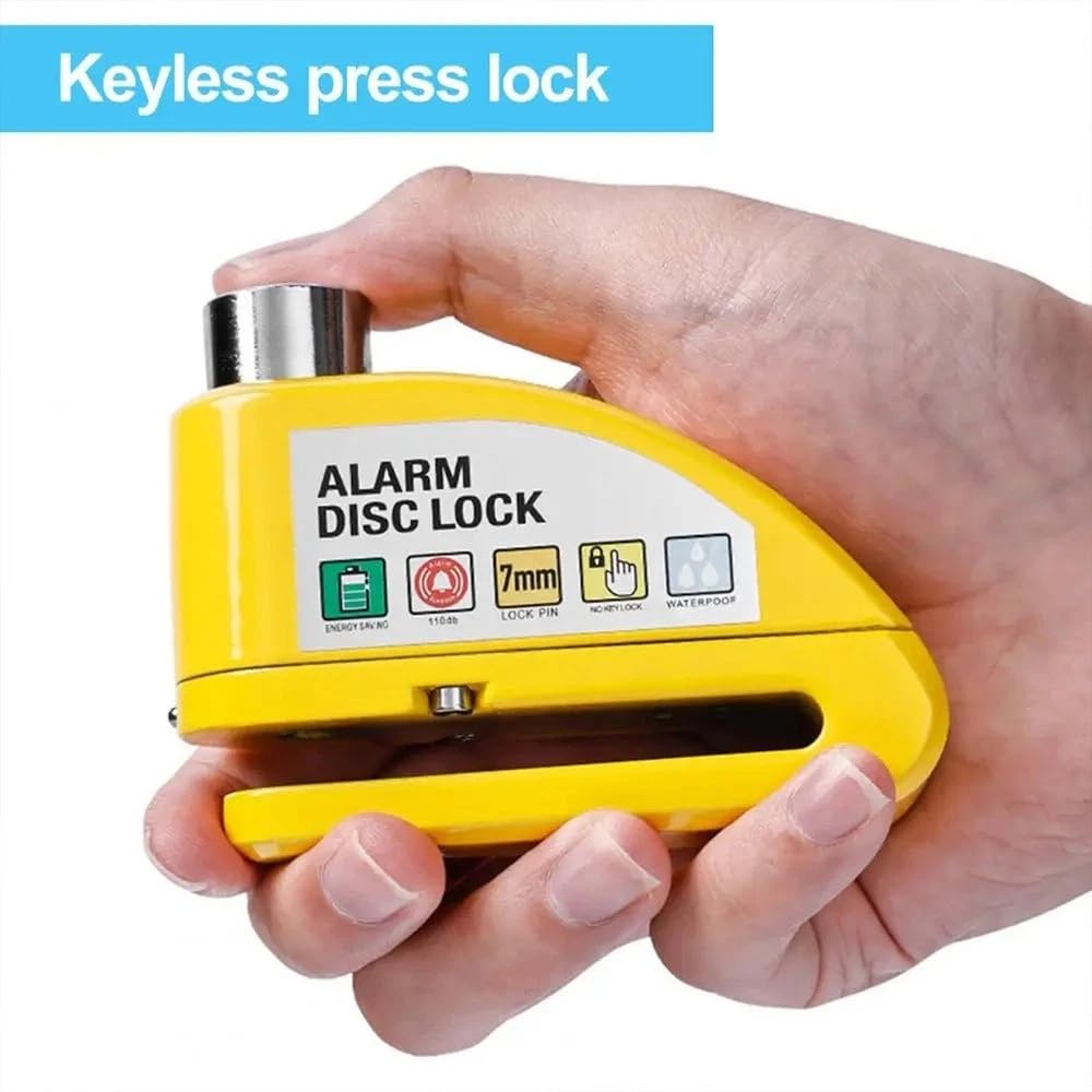 Alarm Disc Lock with 110dB Siren, Waterproof Dustproof Rustproof Motorcycle Security Lock, Yellow 7mm Pin, Keyless Press Lock