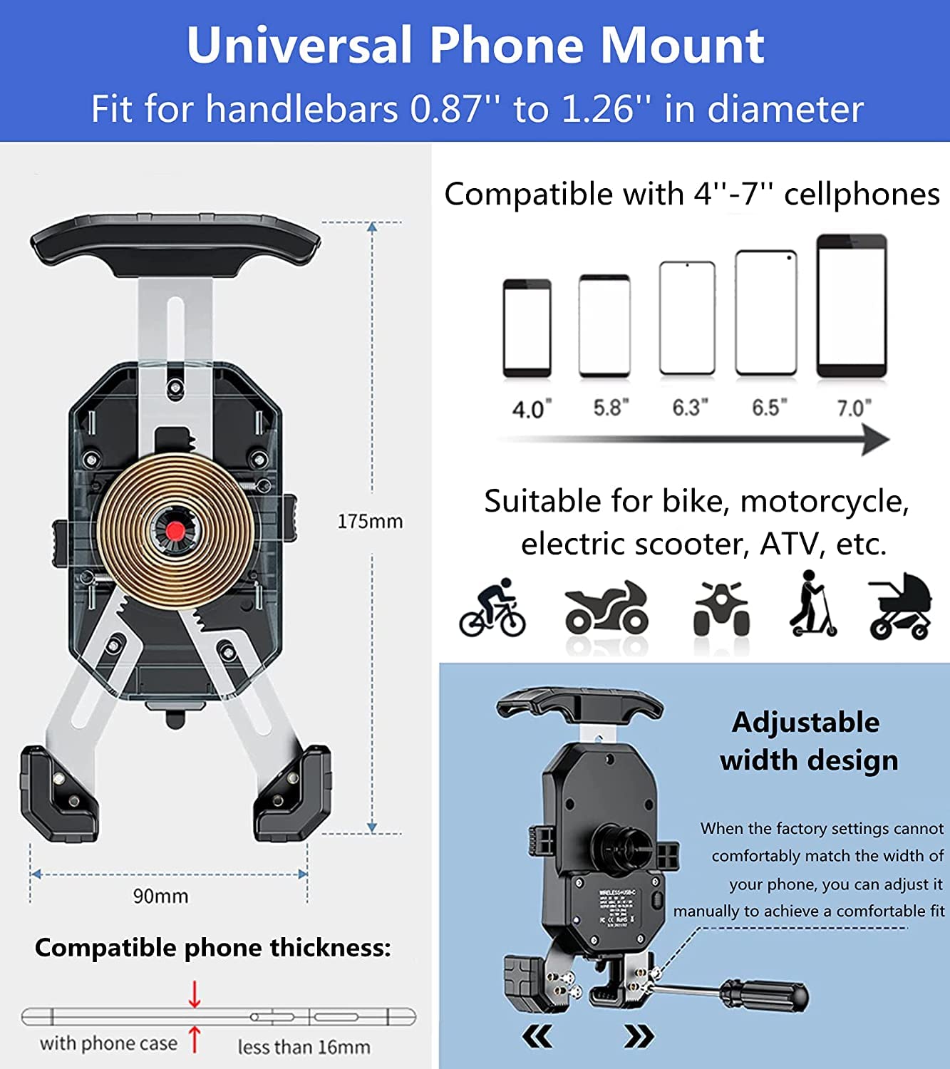KEWIG Motorcycle Phone Holder - Wireless 15W & USB C 20W Fast Charger, Waterproof Motorbike Phone Mount with Aluminum Alloy Base, Fits 4'' - 7'' Cellphones